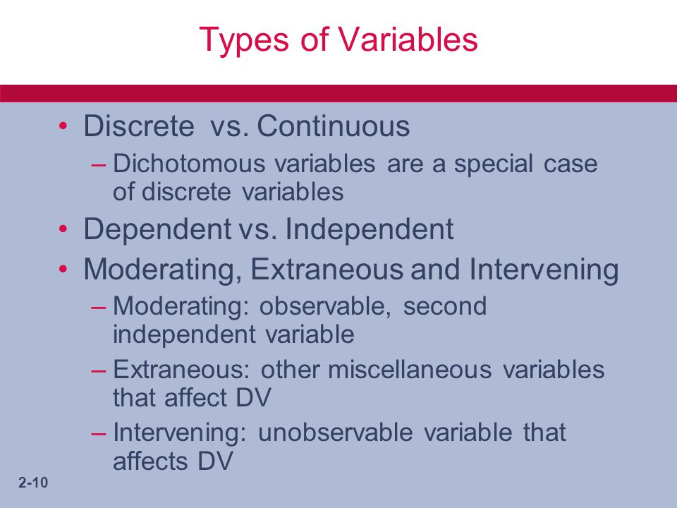 Types of Variables Discrete vs. Continuous Dependent vs. Independent