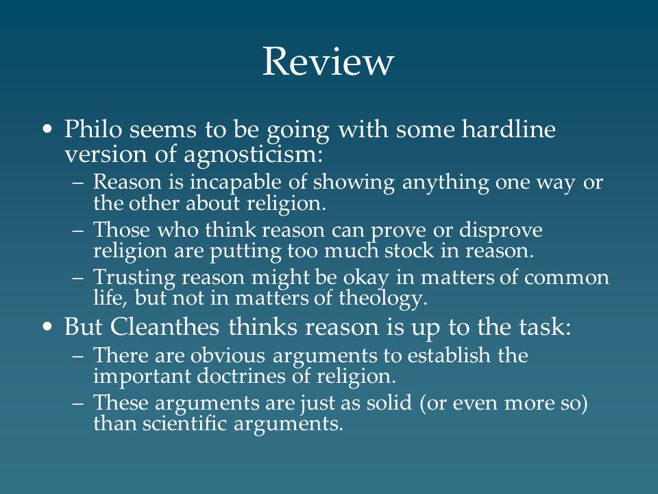 Review Philo seems to be going with some hardline version of agnosticism:
