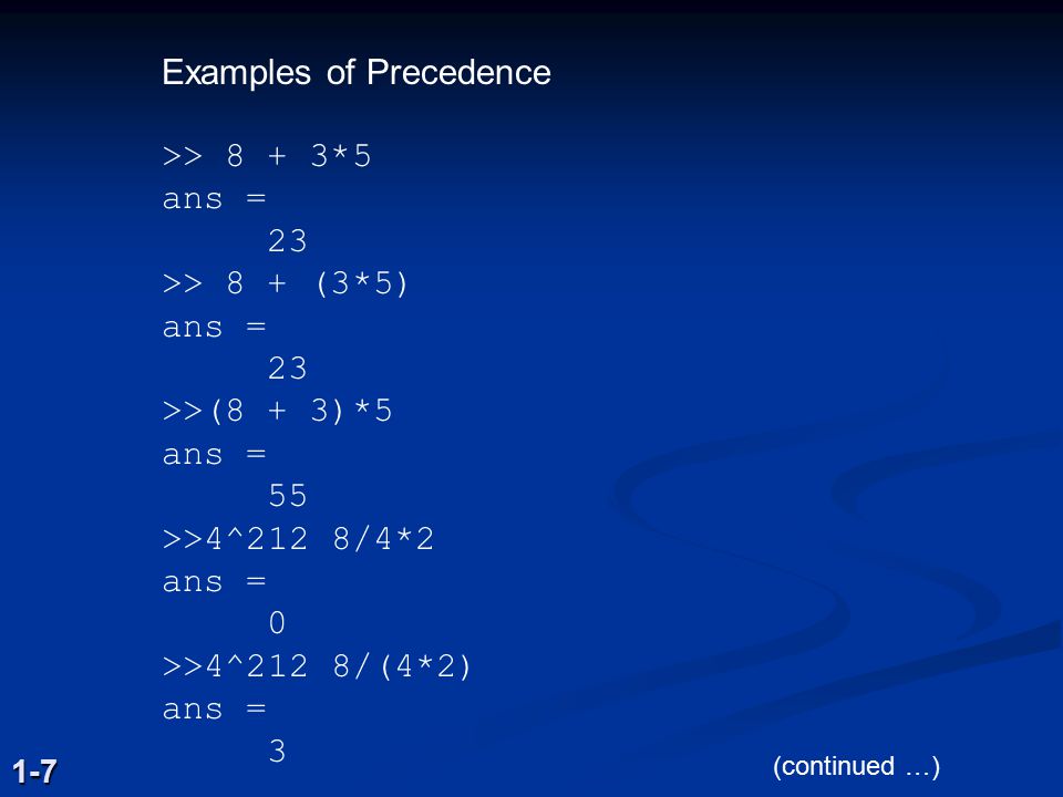 Examples of Precedence >> 8 + 3*5 ans = 23 >> 8 + (3*5)