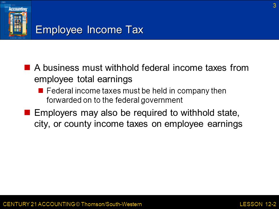Employee Income Tax A business must withhold federal income taxes from employee total earnings.