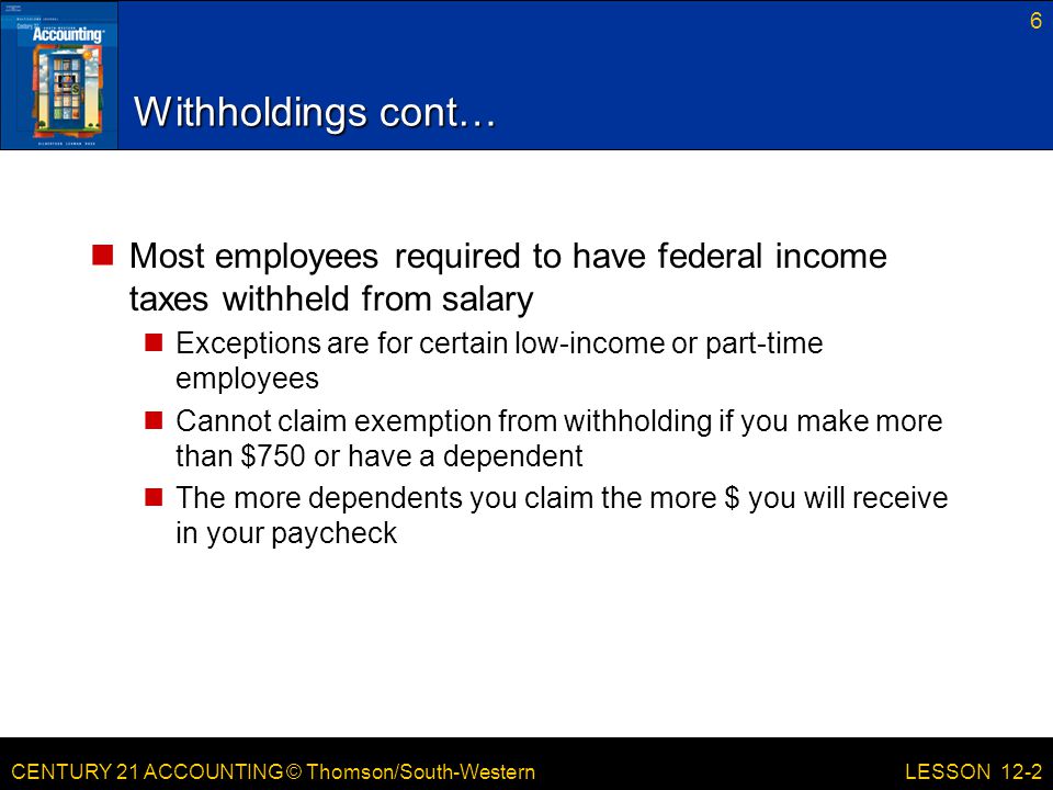 Withholdings cont… Most employees required to have federal income taxes withheld from salary.