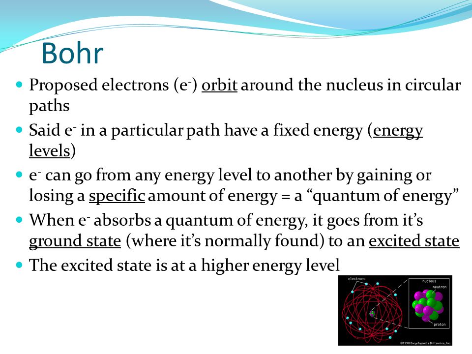 Bohr Proposed electrons (e-) orbit around the nucleus in circular paths. Said e- in a particular path have a fixed energy (energy levels)