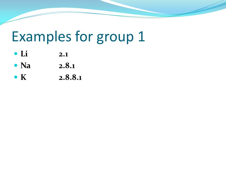 Examples for group 1 Li 2.1 Na K