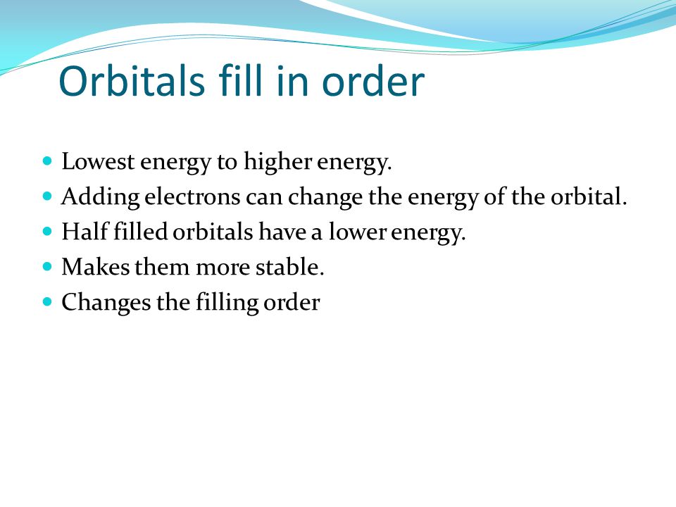 Orbitals fill in order Lowest energy to higher energy.