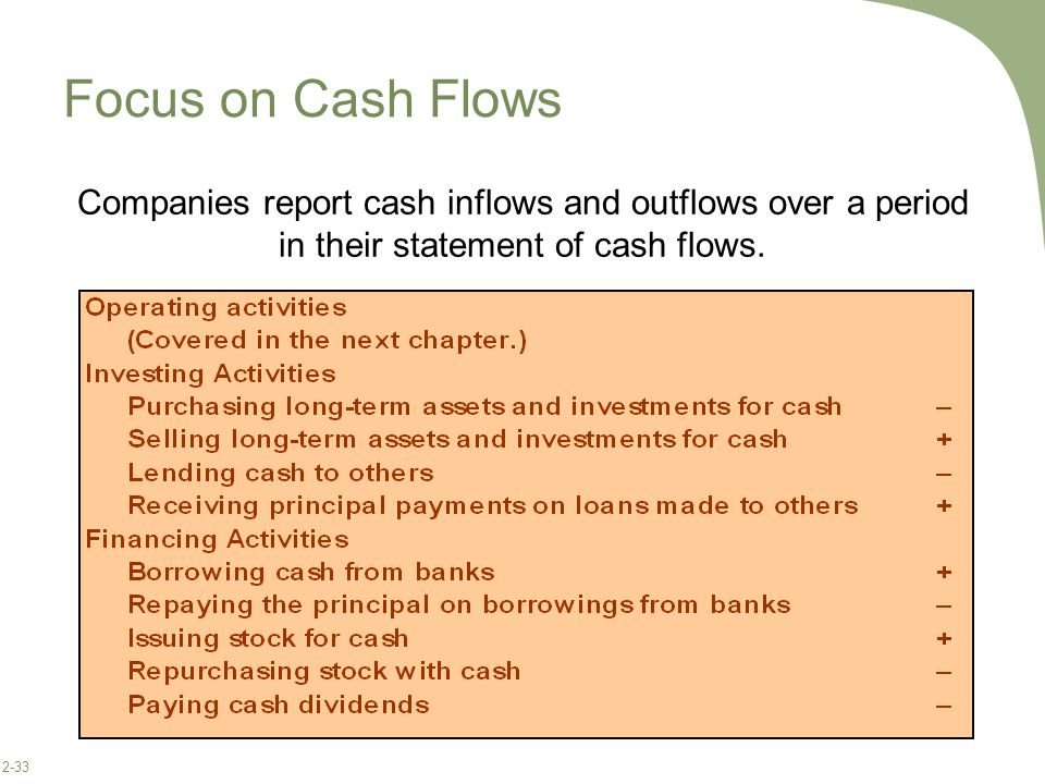 Focus on Cash Flows Companies report cash inflows and outflows over a period in their statement of cash flows.
