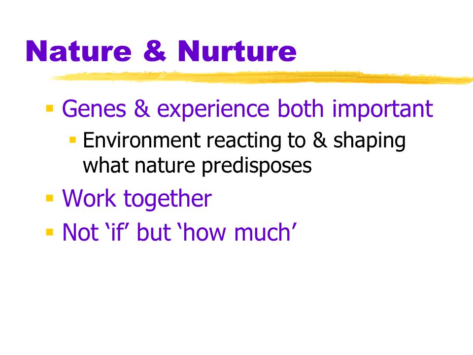 Nature & Nurture Genes & experience both important Work together