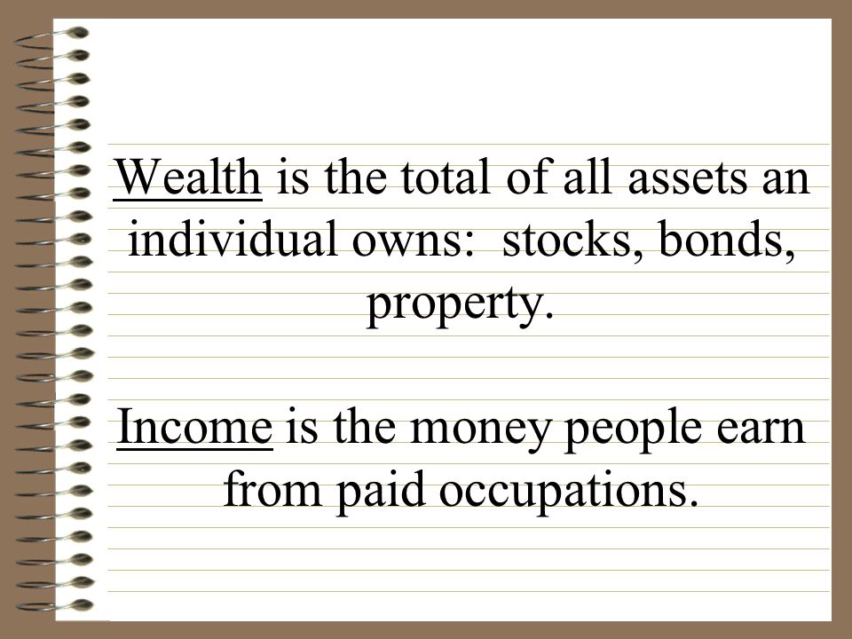 Wealth is the total of all assets an individual owns: stocks, bonds, property.