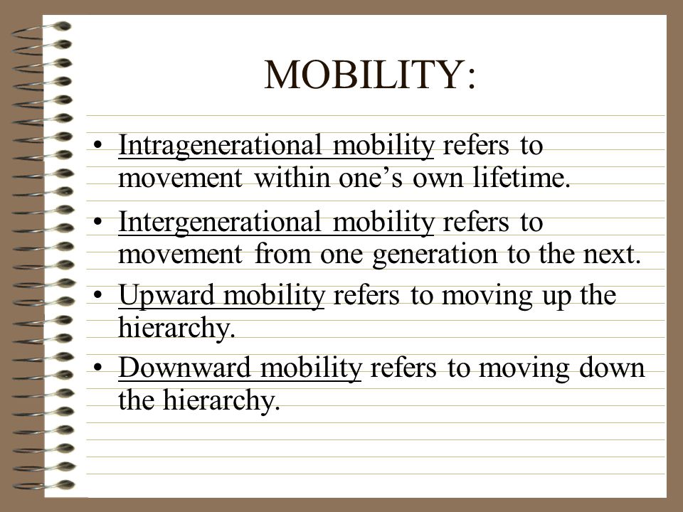 MOBILITY: Intragenerational mobility refers to movement within one’s own lifetime.