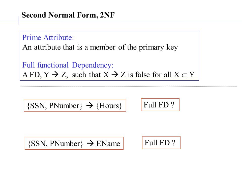 Second Normal Form, 2NF Prime Attribute: An attribute that is a member of the primary key. Full functional Dependency: