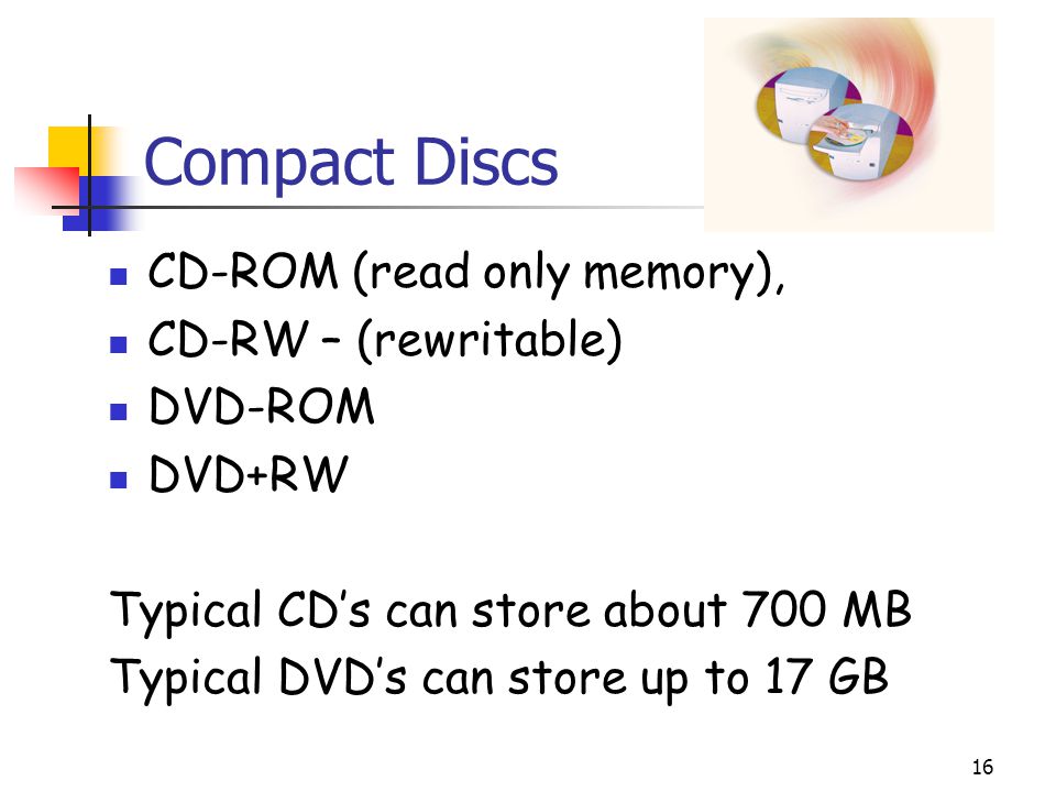 Compact Discs CD-ROM (read only memory), CD-RW – (rewritable) DVD-ROM