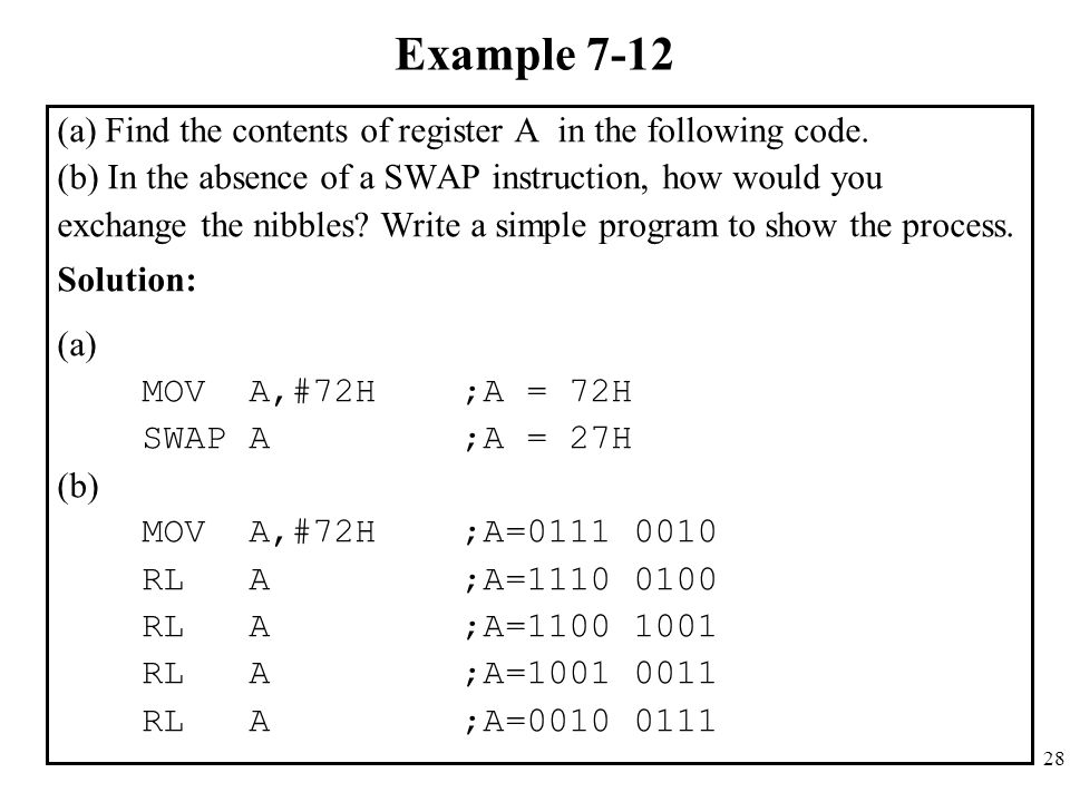 Example 7-12 (a) Find the contents of register A in the following code. (b) In the absence of a SWAP instruction, how would you.