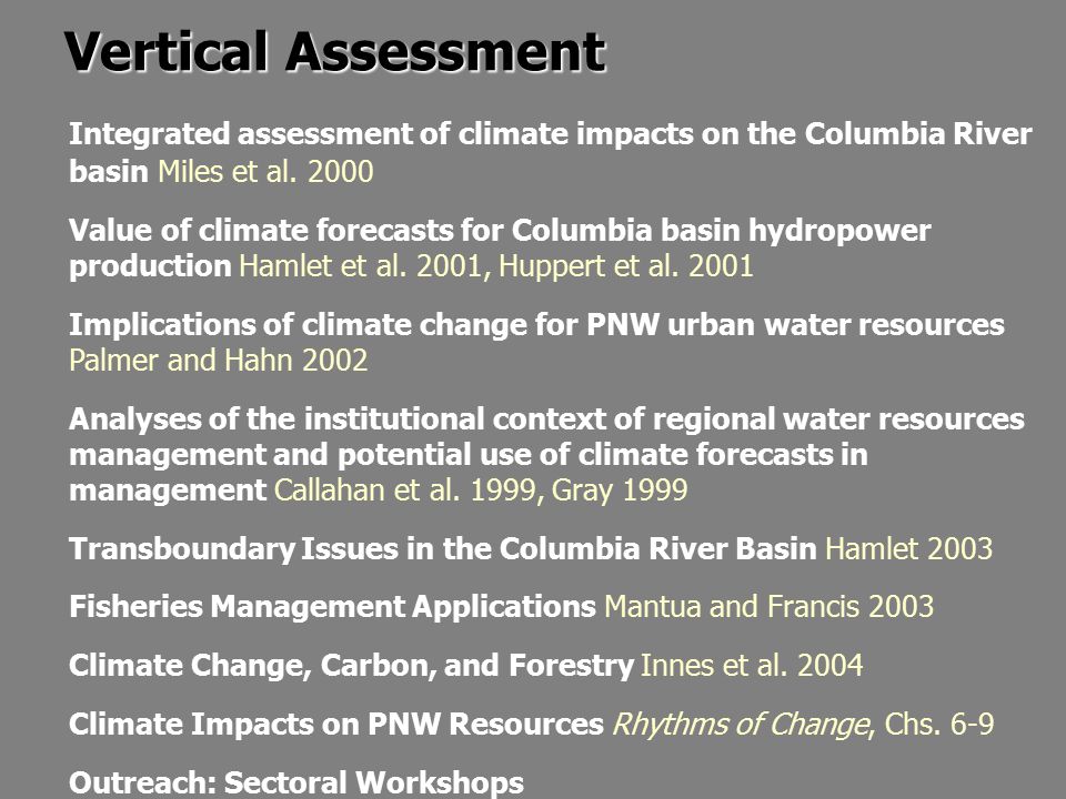 Vertical Assessment Integrated assessment of climate impacts on the Columbia River basin Miles et al