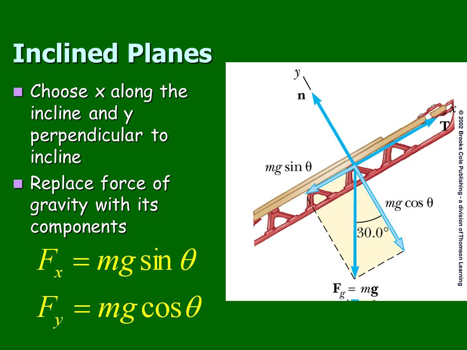 Inclined Planes Choose x along the incline and y perpendicular to incline.