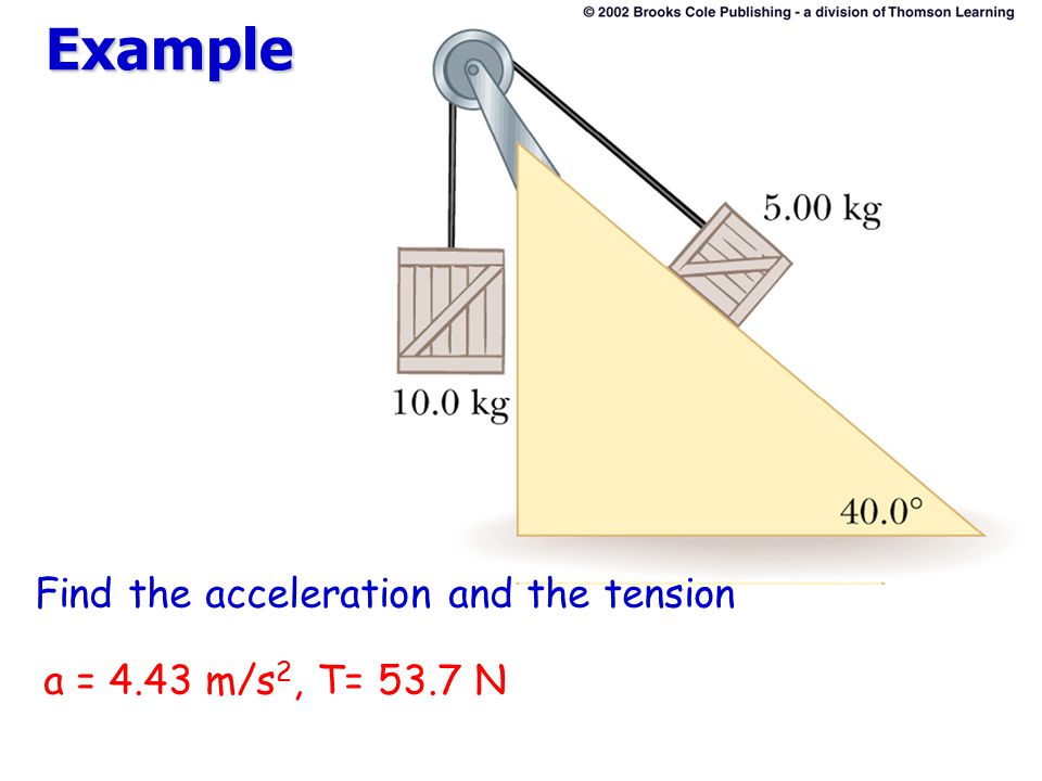 Example Find the acceleration and the tension a = 4.43 m/s2, T= 53.7 N