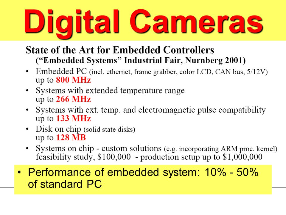 Digital Cameras Performance of embedded system: 10% - 50% of standard PC