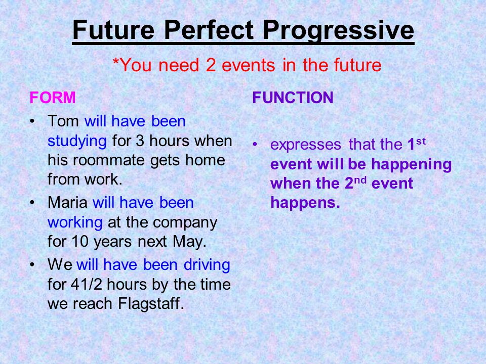 Future Perfect Progressive *You need 2 events in the future