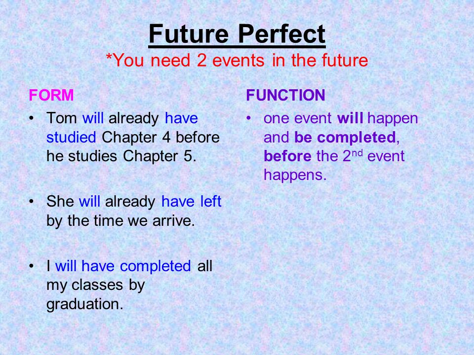 Future Perfect *You need 2 events in the future