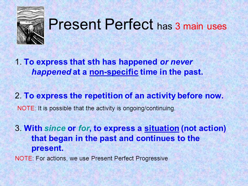Present Perfect has 3 main uses