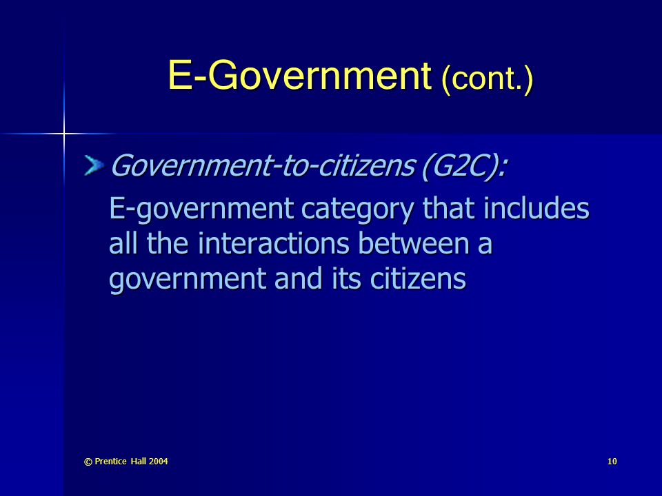E-Government (cont.) Government-to-citizens (G2C):