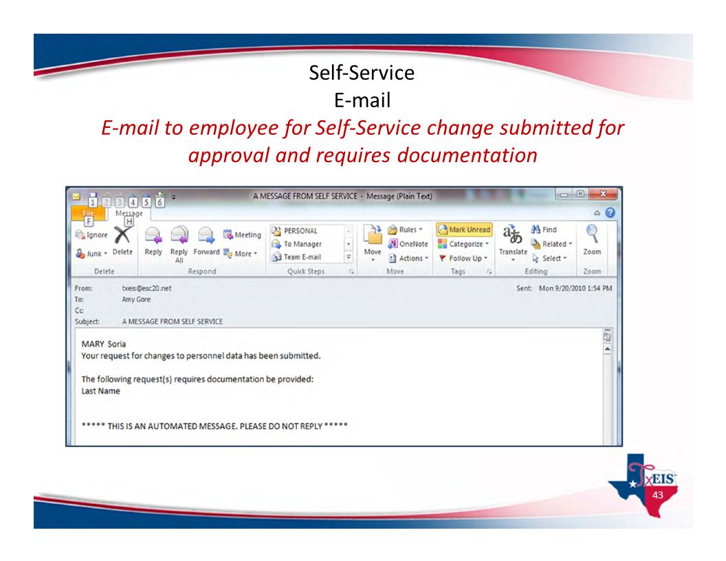 E‐mail to employee for Self‐Service change submitted for