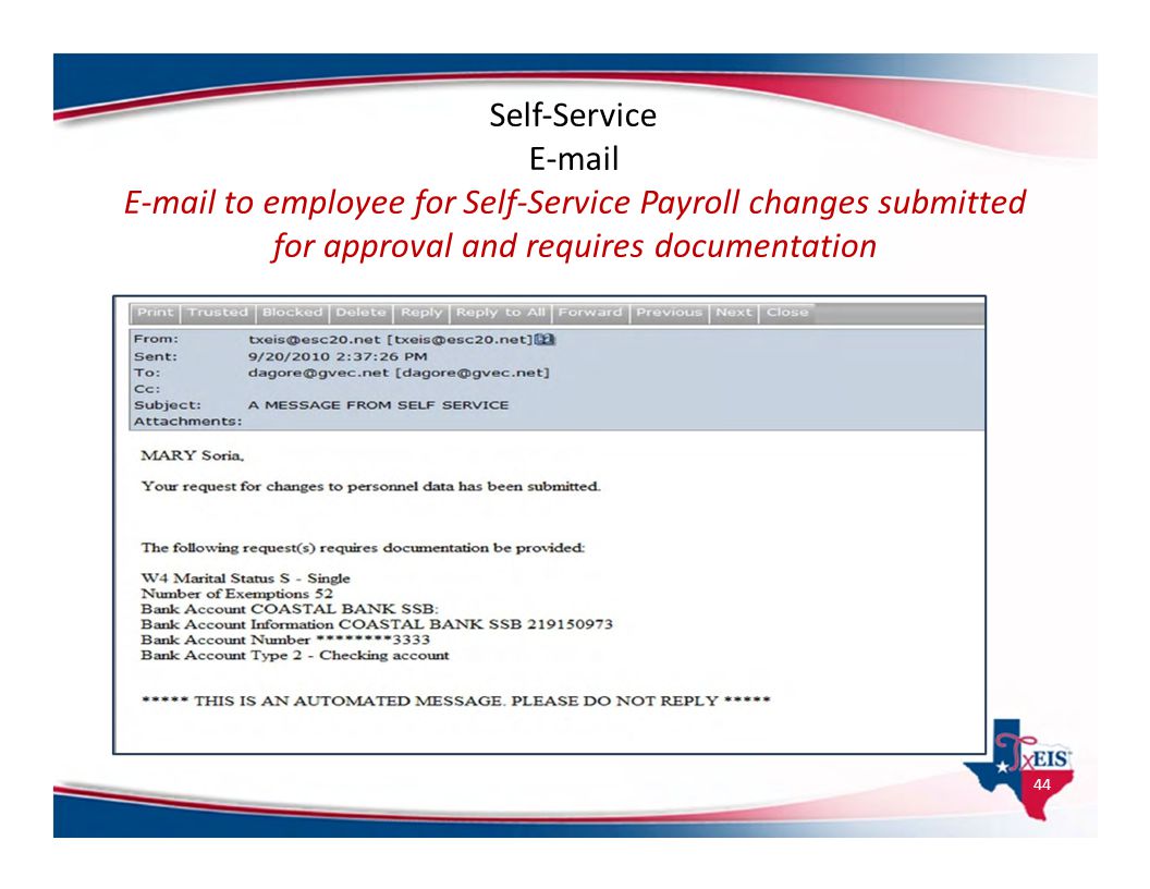 E‐mail to employee for Self‐Service Payroll changes submitted