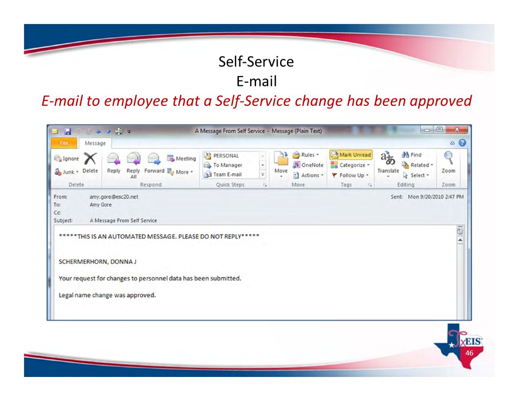E‐mail to employee that a Self‐Service change has been approved