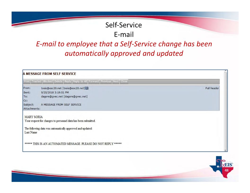 E‐mail to employee that a Self‐Service change has been