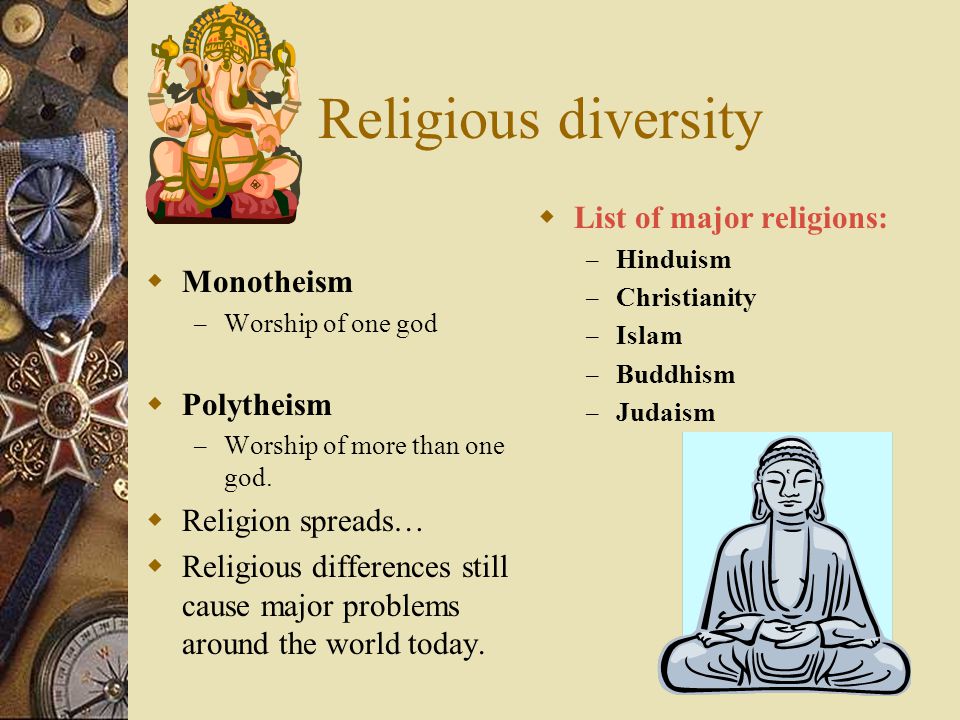 Religious diversity List of major religions: Monotheism Polytheism