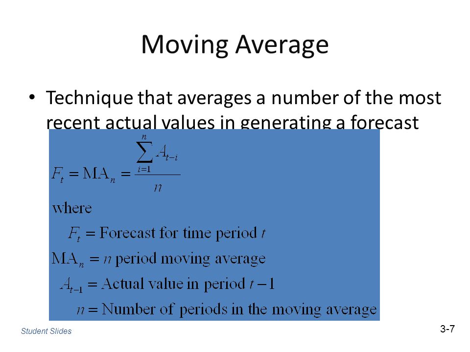 Moving Average Technique that averages a number of the most recent actual values in generating a forecast.