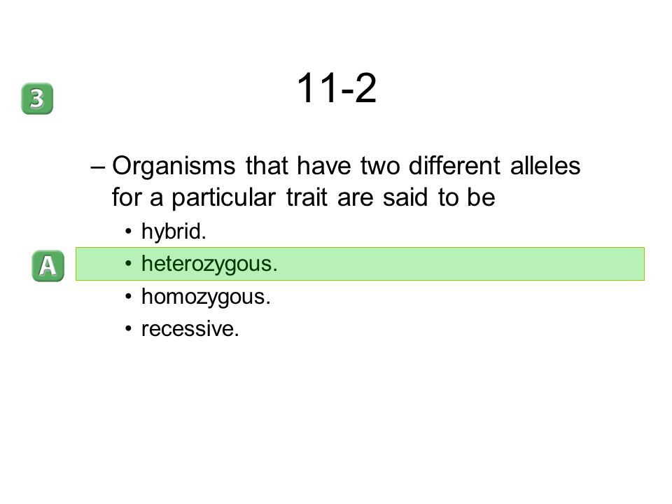 11-2 Organisms that have two different alleles for a particular trait are said to be. hybrid. heterozygous.