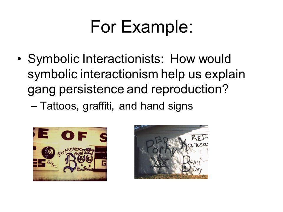 For Example: Symbolic Interactionists: How would symbolic interactionism help us explain gang persistence and reproduction