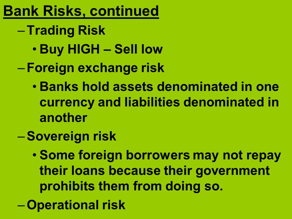 Bank Risks, continued Trading Risk Buy HIGH – Sell low