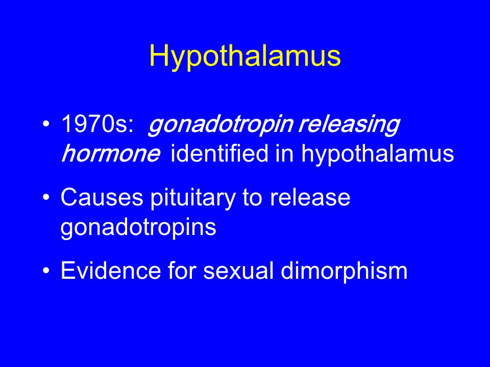 Hypothalamus 1970s: gonadotropin releasing hormone identified in hypothalamus. Causes pituitary to release gonadotropins.