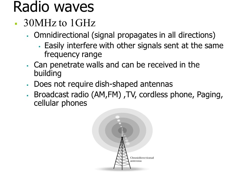 Radio waves 30MHz to 1GHz. Omnidirectional (signal propagates in all directions)