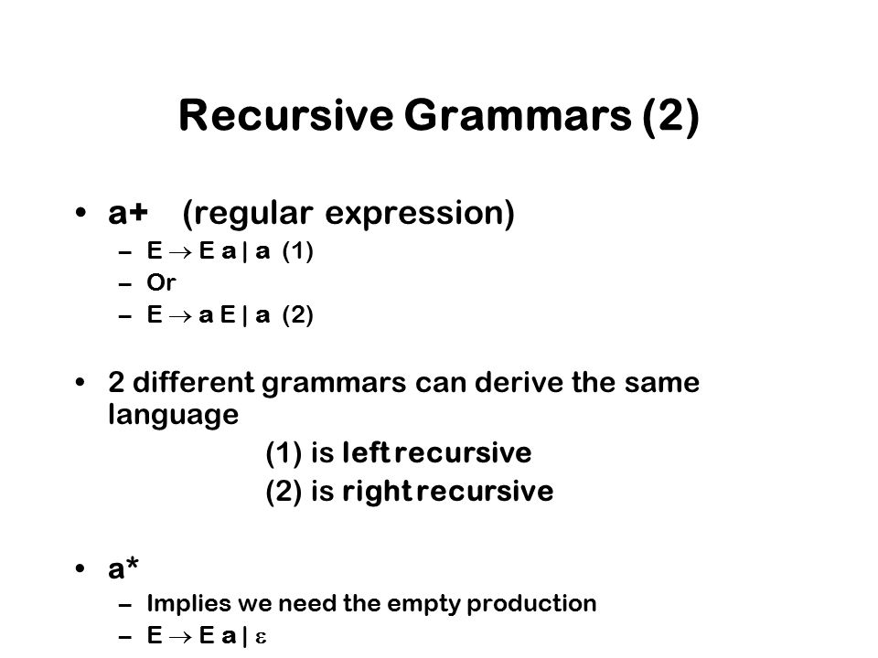 Recursive Grammars (2) a+ (regular expression)