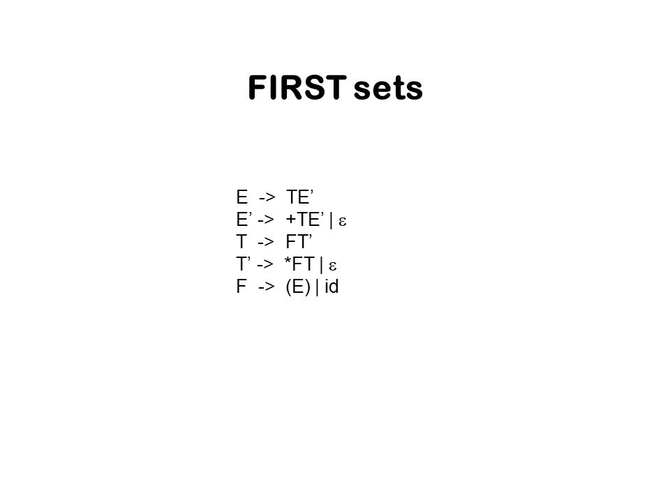FIRST sets E -> TE’ E’ -> +TE’ | e T -> FT’ T’ -> *FT | e
