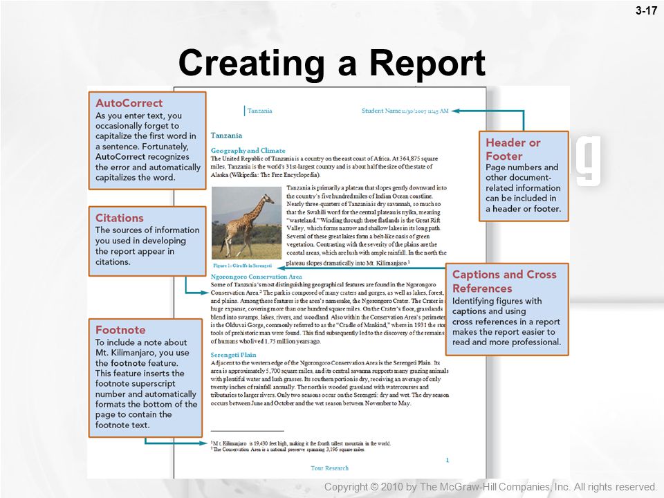 Creating a Report Report features AutoCorrect Footnote