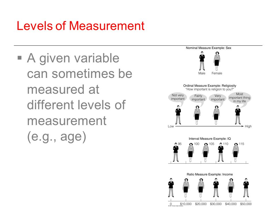 Levels of Measurement A given variable can sometimes be measured at different levels of measurement (e.g., age)