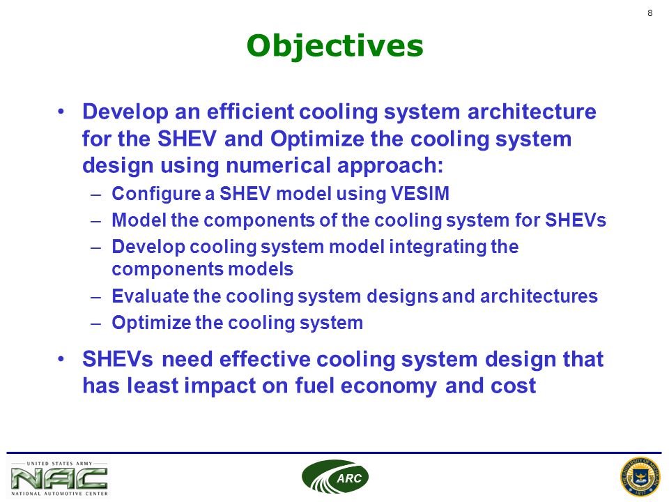 Objectives Develop an efficient cooling system architecture for the SHEV and Optimize the cooling system design using numerical approach:
