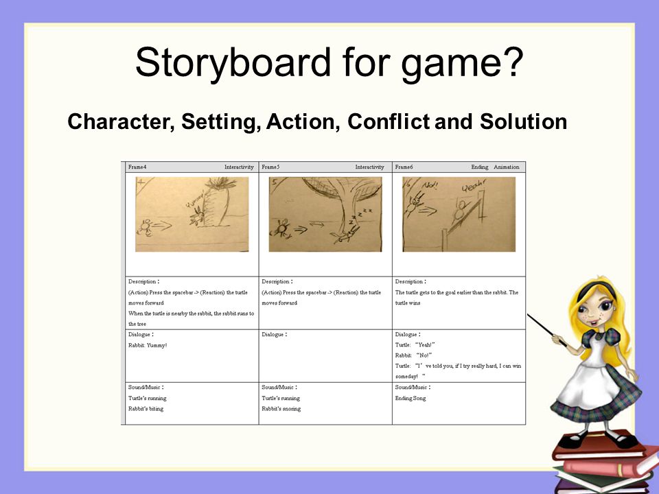 Storyboard for game Character, Setting, Action, Conflict and Solution