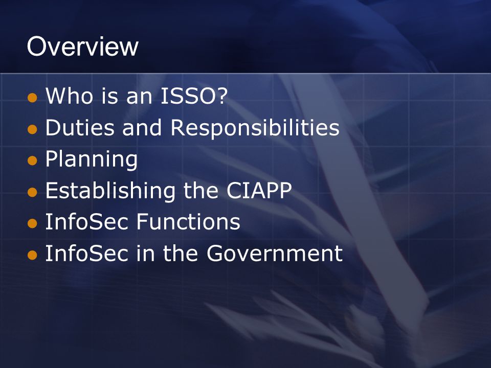 Overview Who is an ISSO Duties and Responsibilities Planning