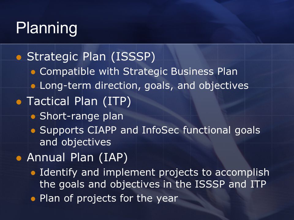 Planning Strategic Plan (ISSSP) Tactical Plan (ITP) Annual Plan (IAP)