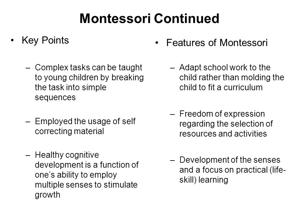 Montessori Continued Key Points Features of Montessori