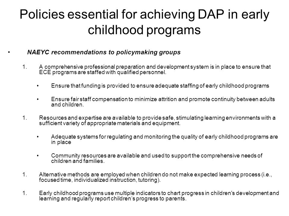 Policies essential for achieving DAP in early childhood programs