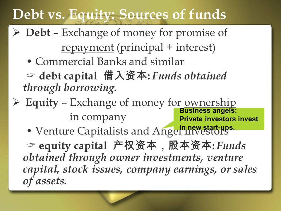 Debt vs. Equity: Sources of funds