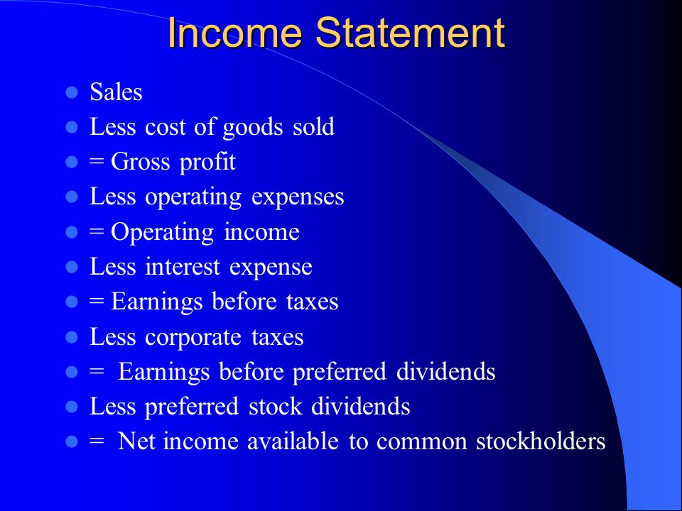 Income Statement Sales Less cost of goods sold = Gross profit