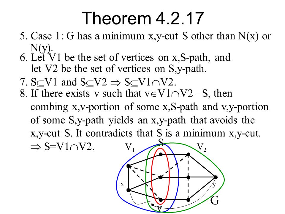 Theorem Case 1: G has a minimum x,y-cut S other than N(x) or N(y). 6. Let V1 be the set of vertices on x,S-path, and.