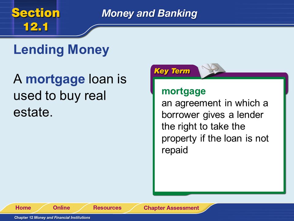 A mortgage loan is used to buy real estate.