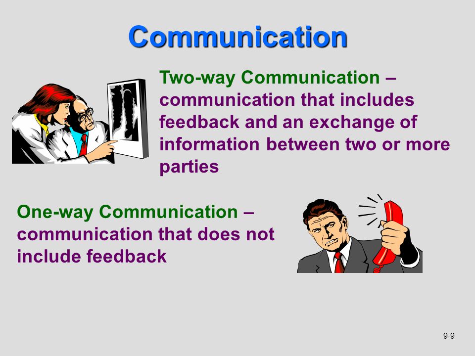 Communication Two-way Communication – communication that includes feedback and an exchange of information between two or more parties.