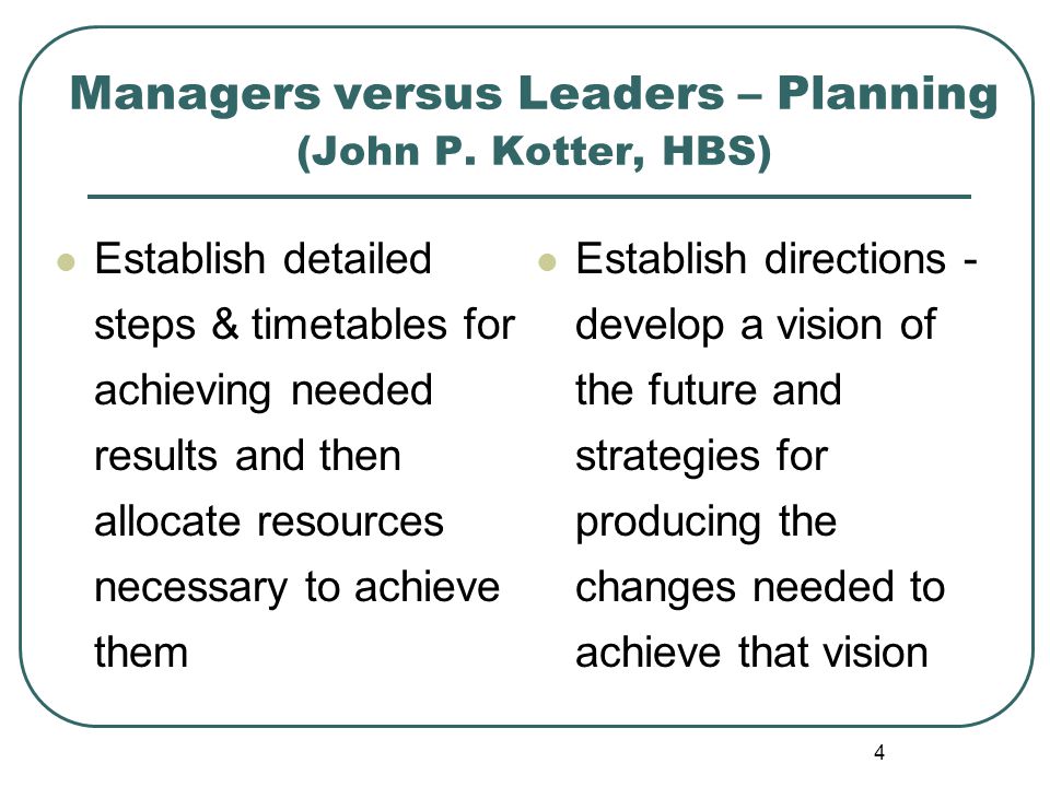 Managers versus Leaders – Planning (John P. Kotter, HBS)